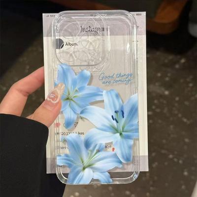 Capa Macia Azul Pétala de Lírio para iPhone 17 Pro Max, Compatível com Apple 16/17 Pro, 15/14/13