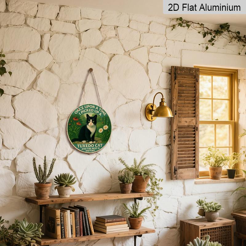 2D Flat, 1pc Round Waterproof Aluminum Hanging Sign, Vintage Green Background Tuxedo Cat Daisy Floral Funny Quote Print, Rustic Metal Plaque, Cat