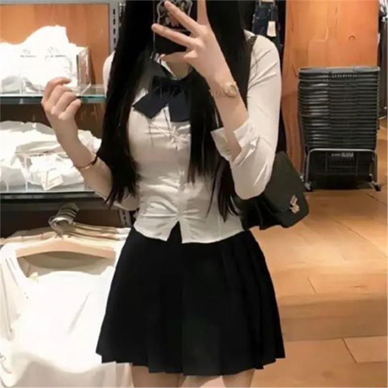 

Белая приталенная рубашка с длинным рукавом и короткая юбка, маленький комплект школьной формы JK L