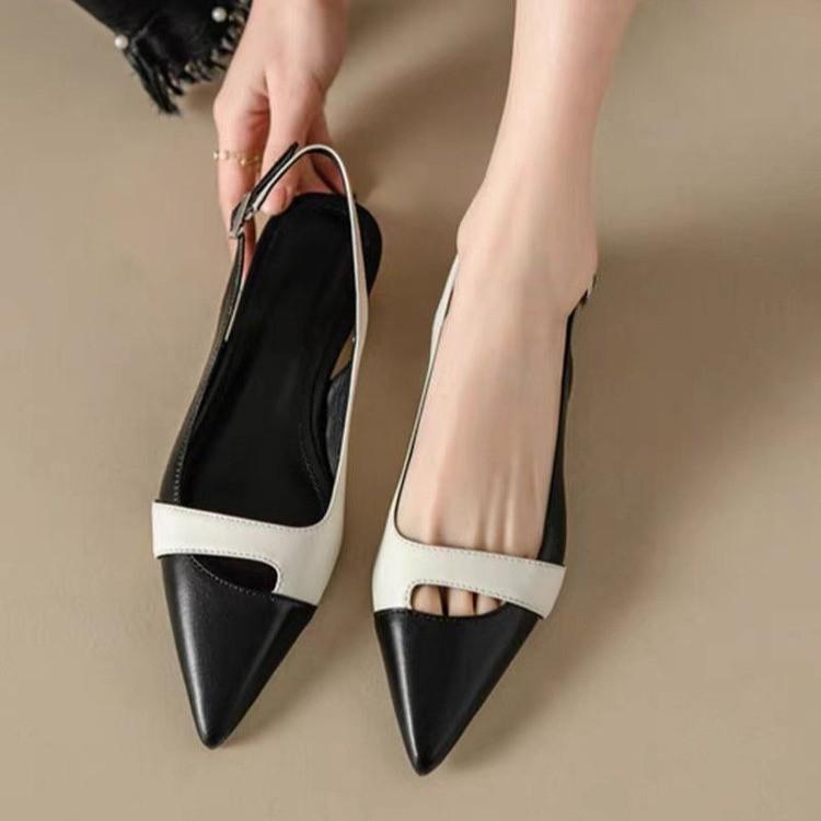 Black French Retro Color Matching Word with Pointed Head Empty Single Shoes Versatile Thick Heel Bag Head Roman Sandals Women