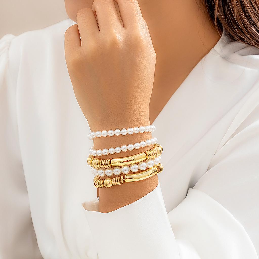 Exaggerated cyber style multi-layer round beads stacked wearing jewelry temperament niche personality imitation pearl set bracelet