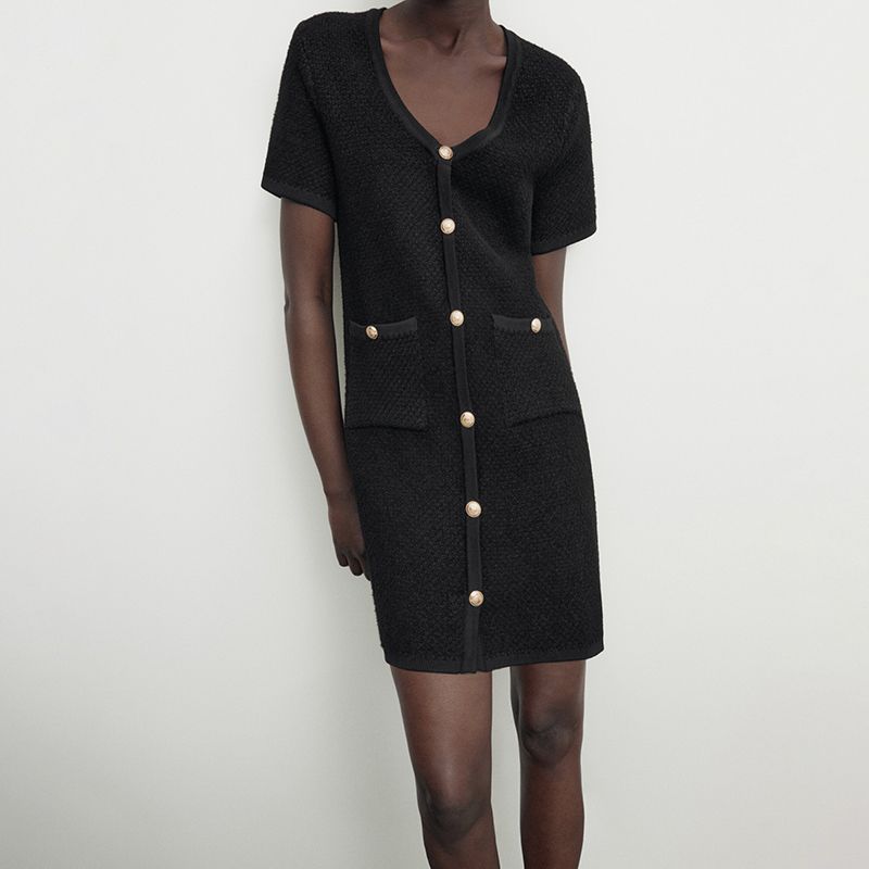 MD Women's Clothing Early Autumn Classic Style Fancy French Heavy Industry Black Short V-neck Dress Female 06637624800