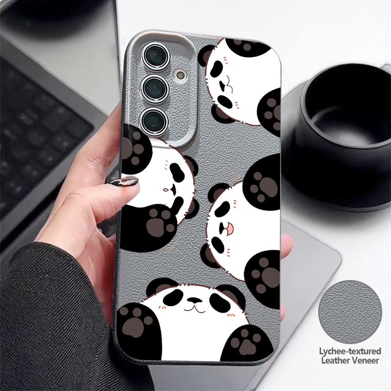 Cute Panda Print Case For Samsung S26 S25 Ultra S24 S23 S22 S21 FE A15 A35 A55 A16 A36 A56 A17 A18 A37 A57 5G Leather Texture Soft Cover