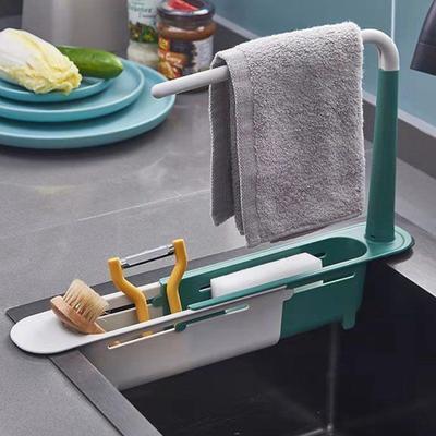 Telescopic Kitchen Over Sink Organizer with Towel Hanger, Expandable Slim Drain Basket for Home Bathroom