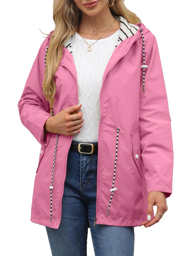 2025 Damen Wasserabweisender Trenchcoat mit Kapuze und gestreiftem Futter - Langärmlig, Mittellang, Übergröße.