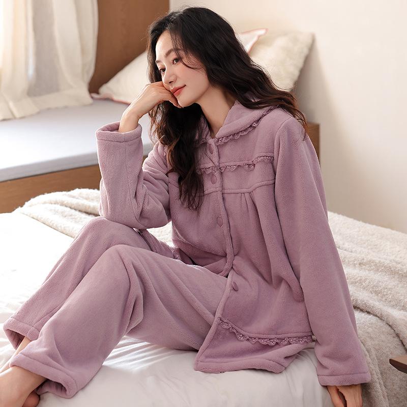 Coral fleece pajamas women's autumn and winter fleece thickened winter women's warm flannel can be worn outside loungewear suit