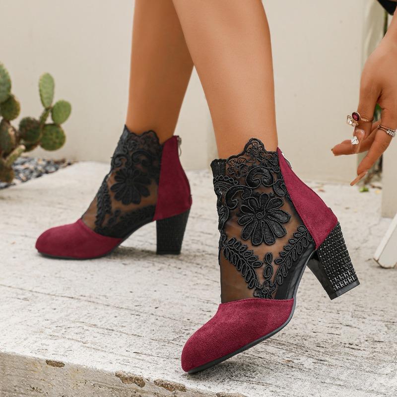 New Women's Lace Heeled Shoes Fashion Mesh Ladies Roman Sandals Breathable Ladies Shoes Elegant Ladies Pumps Sandalias De Tacón