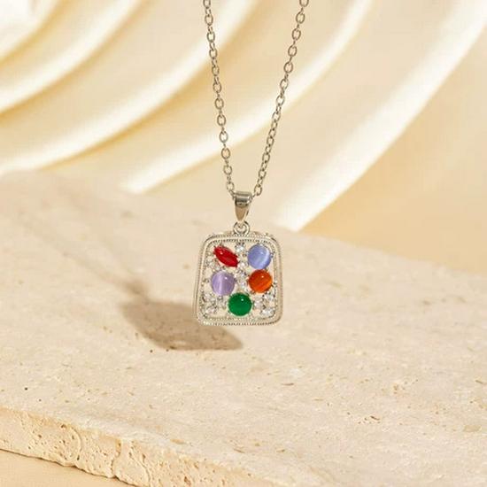 Stylish Women's Colorful Cat's Eye Bohemian Square Pendant Necklace with Stainless Steel Clavicle Chain