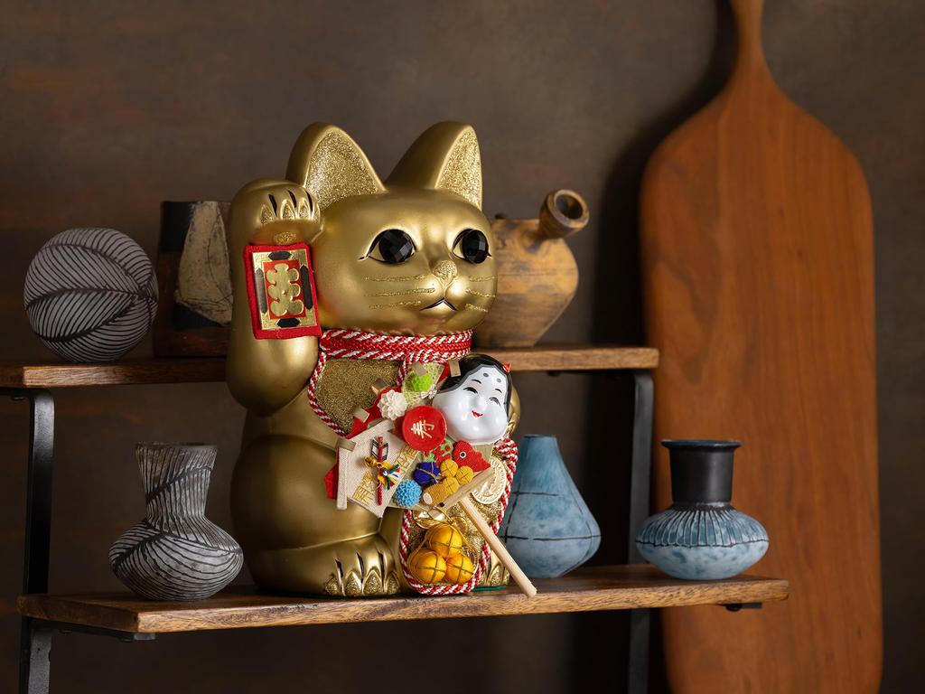 Glückskatze Rechte Pfote Glücklich Gutes Feng Shui Opferbox Katze, (Größe L, Gold) Erhöht/Keramik - Katze, Maneki-neko, Glück, Figur, (fa_L Gold)