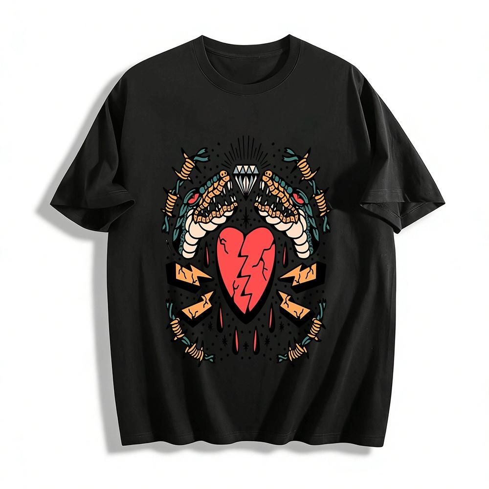 

Heartbreak Two-Headed Snake Retro Tattoo Print Casual Tee Pure cotton T-shirt 6XL