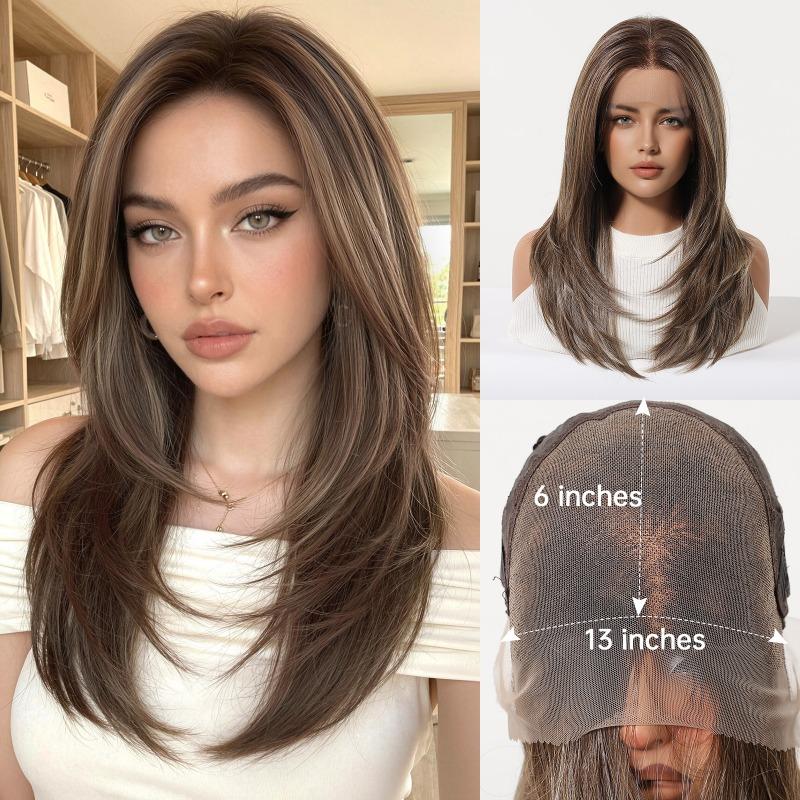 * HD large area lace wig medium black brown long straight hair fashion full hood lace Wig