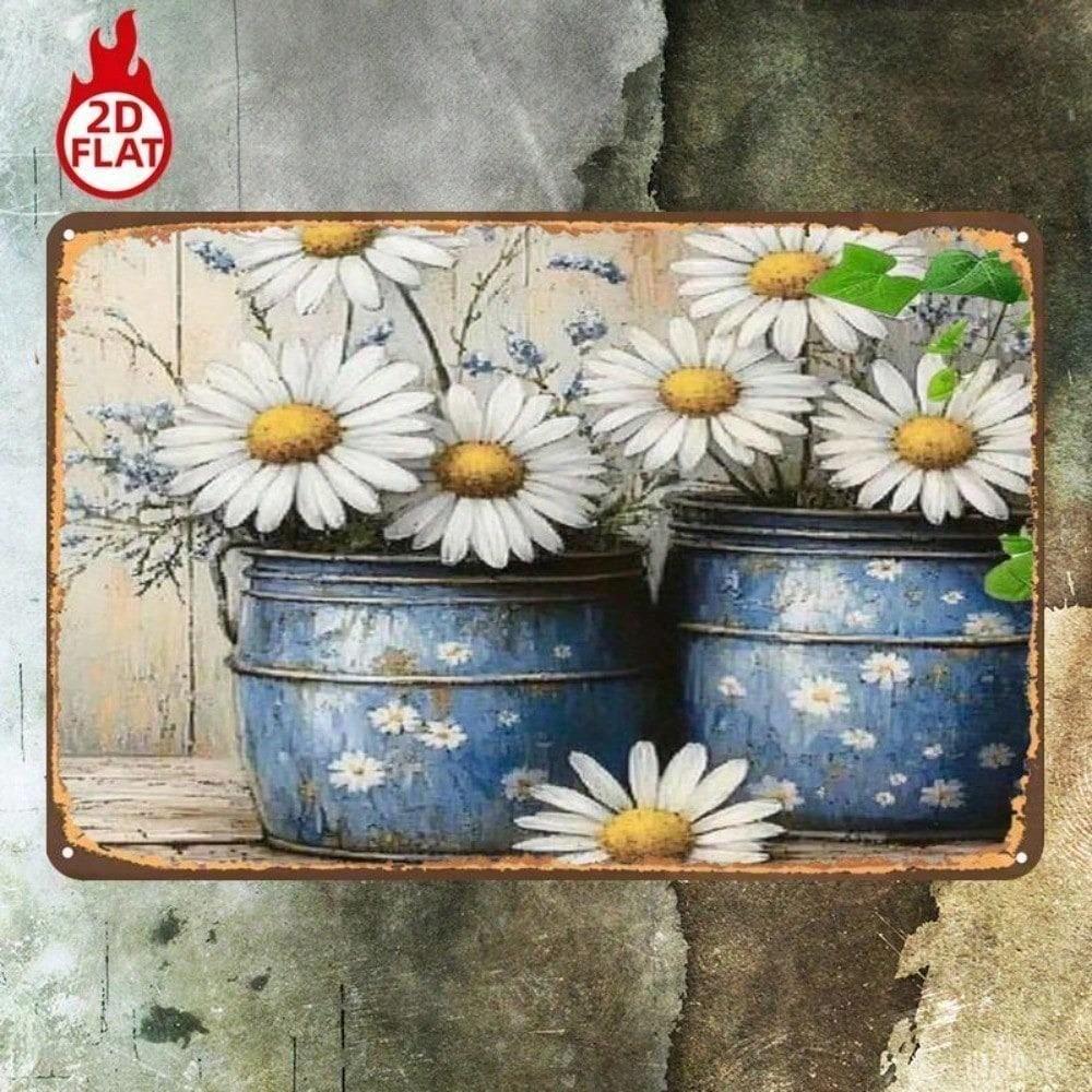 1pc Vintage Daisy Metal Sign Rustic Blue Pot Floral Wall Decor 2D Flat Iron Art for Home Restaurant Bar Garage 8x12 Inch