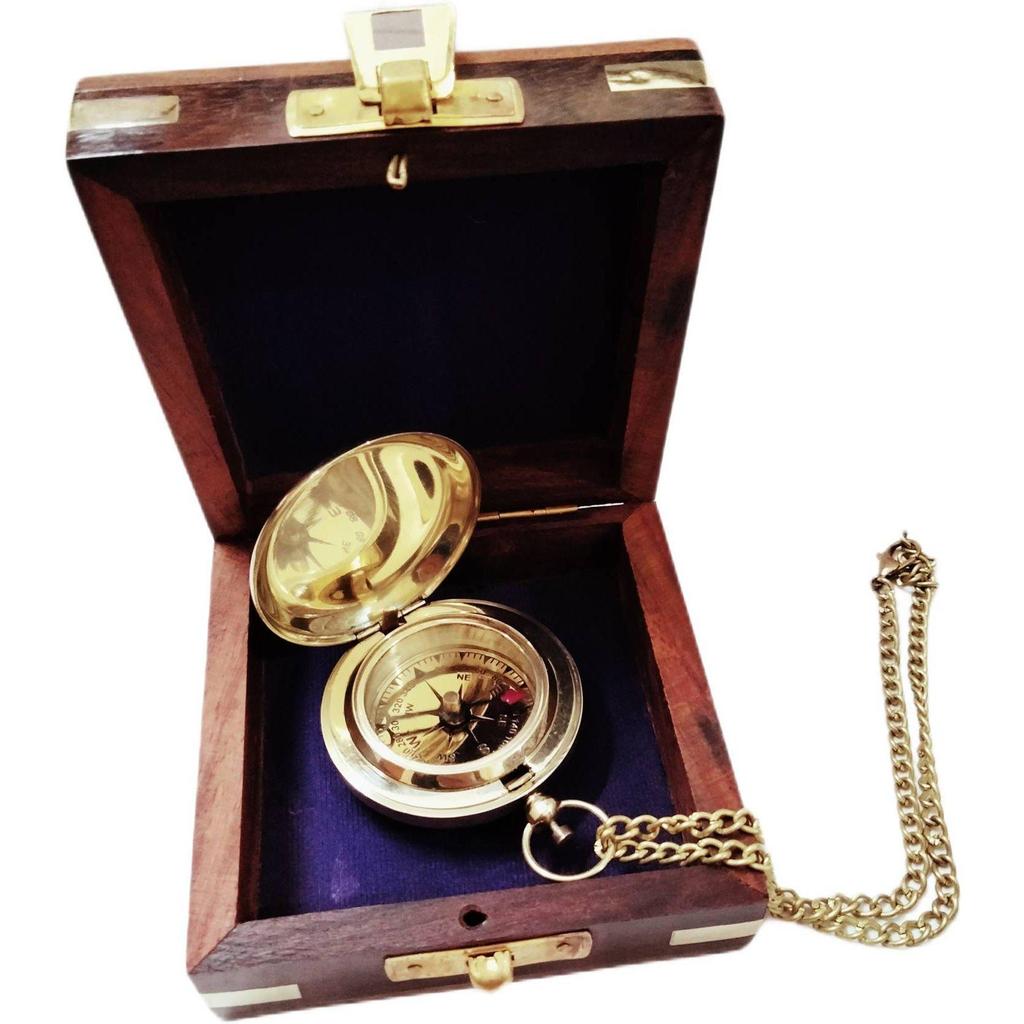 India Brass Push Button Compass Chain With Wooden Box Collectible Gift Compass  (Gold)