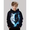 Boy Wolf Pattern Hoodie - Blue Eye Luminous Wolf Face Design, Soft Polyester Fiber Round Neck Hoodie