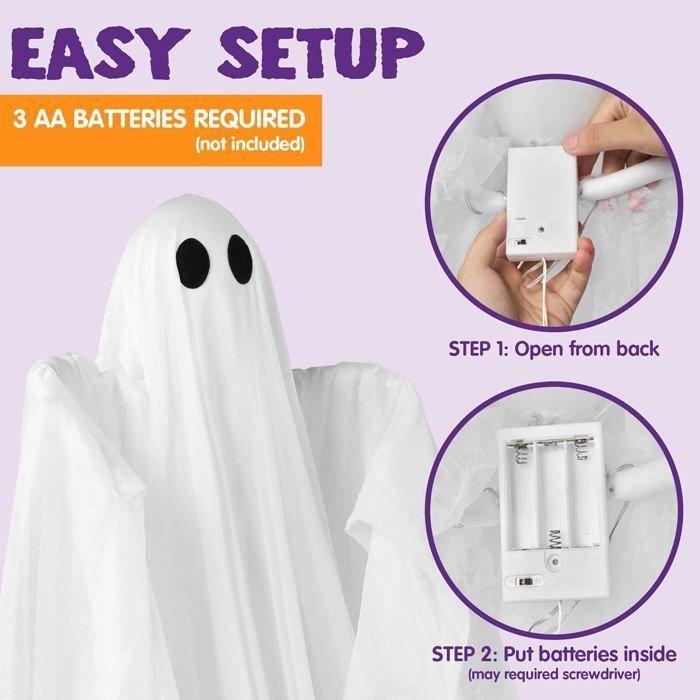Décoration d'Halloween à suspendre - AIMOONSA - Fantôme suspendu - 119 cm - LED blanche chaude - Plastique et tissu