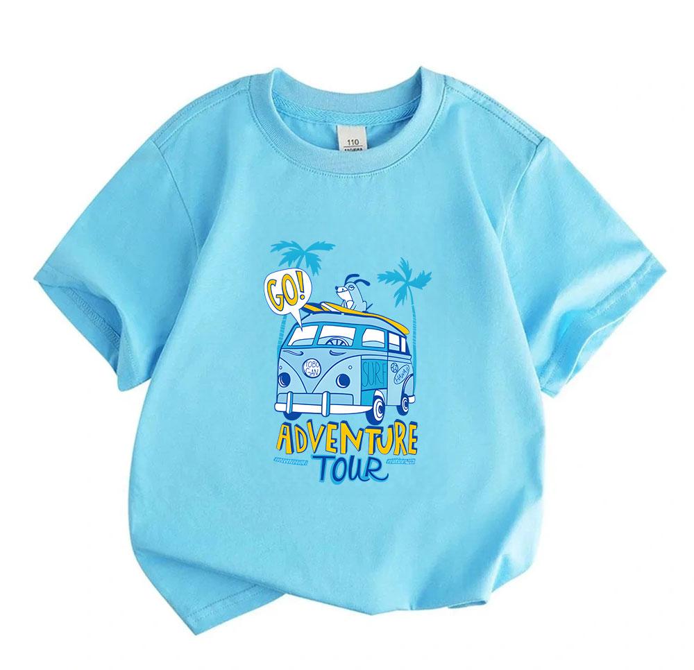 Kids Boys Girls 100% Cotton Crew Neck Short Sleeve T-Shirt, Casual Adventure Tour Surf Van Dog Palm Tree Print Summer Soft Breathable Tee for Daily Ou