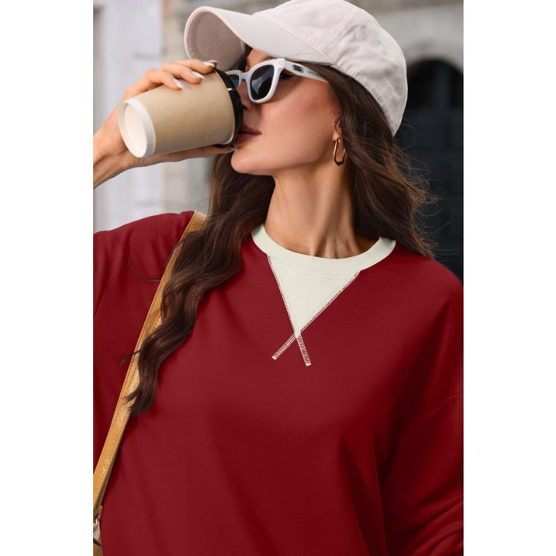 Women Loose Color Block Crew Neck Long Sleeve Casual Pullover Sweatshirt