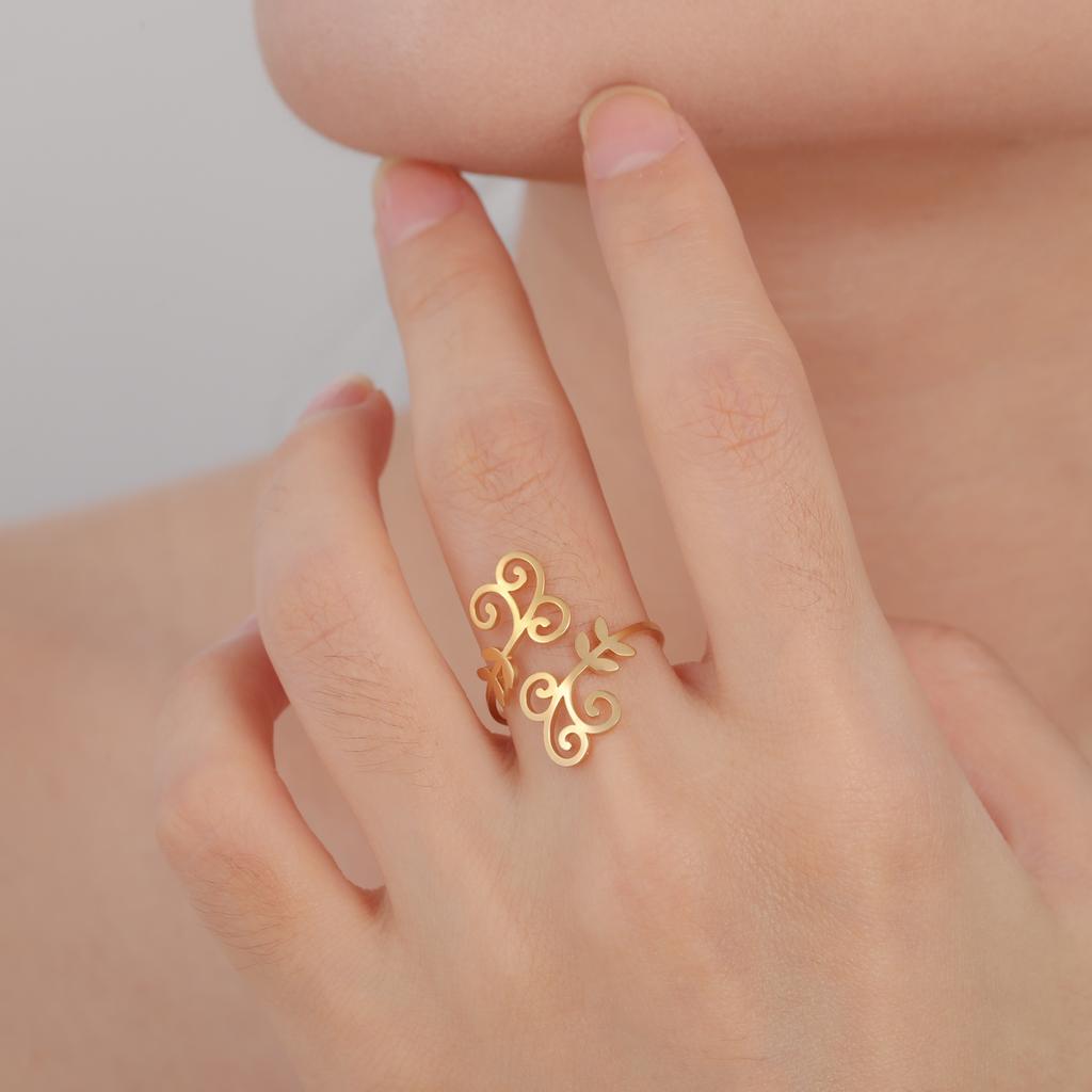 Filigree Flower Leaf Open Rings Women Stainless Steel Gold Adjustable Finger Ring Elegant Bohemian Jewelry Gift