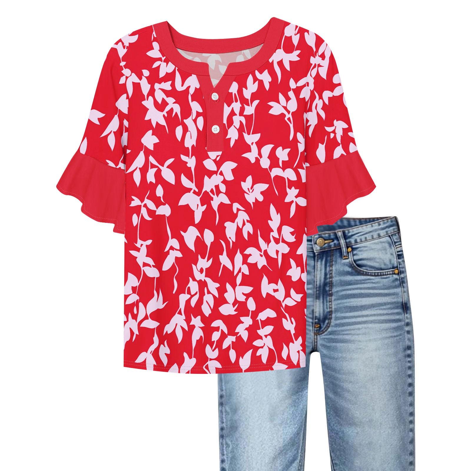 

Women s Casual Fashion V-neck Ruffled Sleeves Loose Versatile Color Short Sleeves L красный