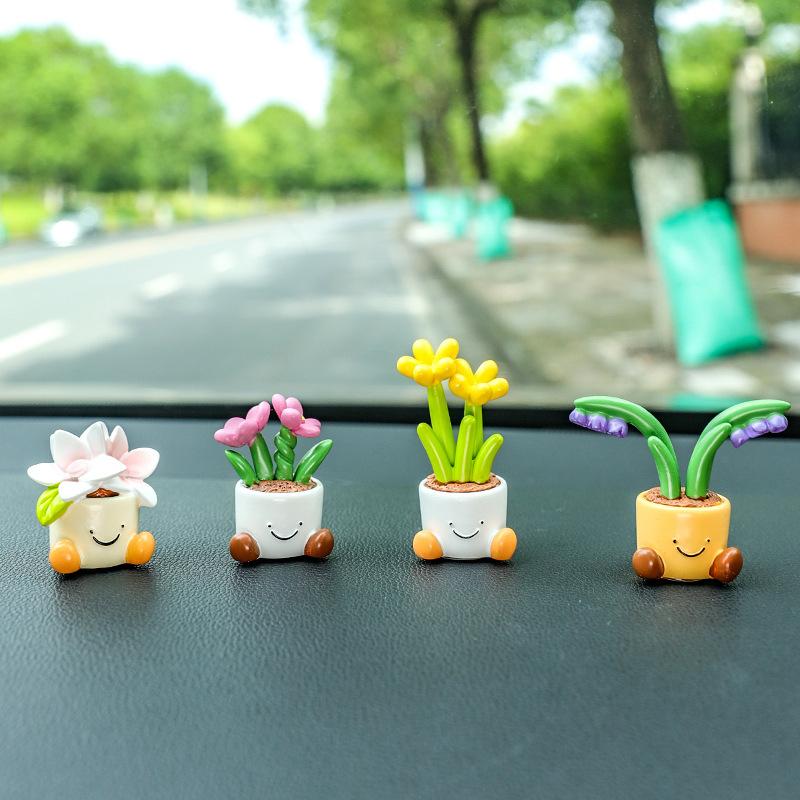 4Pcs Cute Flower Pot Car Decoration Center Auto Console Interior Dashboard Accessories Cartoon Potted Plant Ornament Gift
