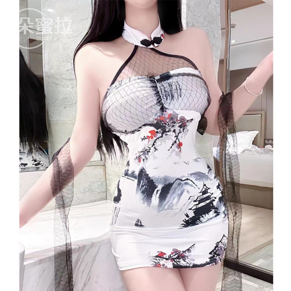Internet Celebrity Clothing New Improved Printed Cheongsam Sex Underwear Backless Slim Slit Hip Skirt Chinese Style Nightdress