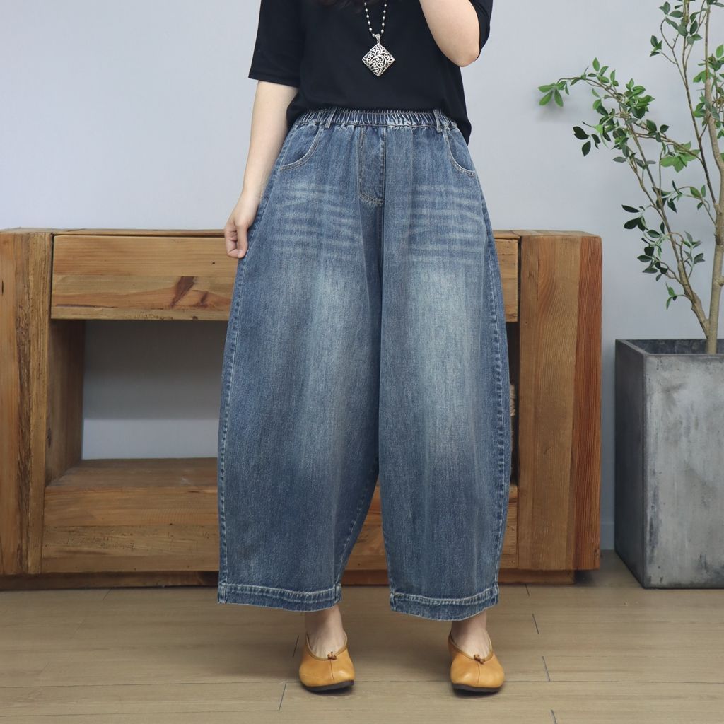 Pantaloni Larghi Retro in Denim Versatili per Primavera ed Estate Donna Taglia Grande Semplici e Sottili Carota Nove Punti