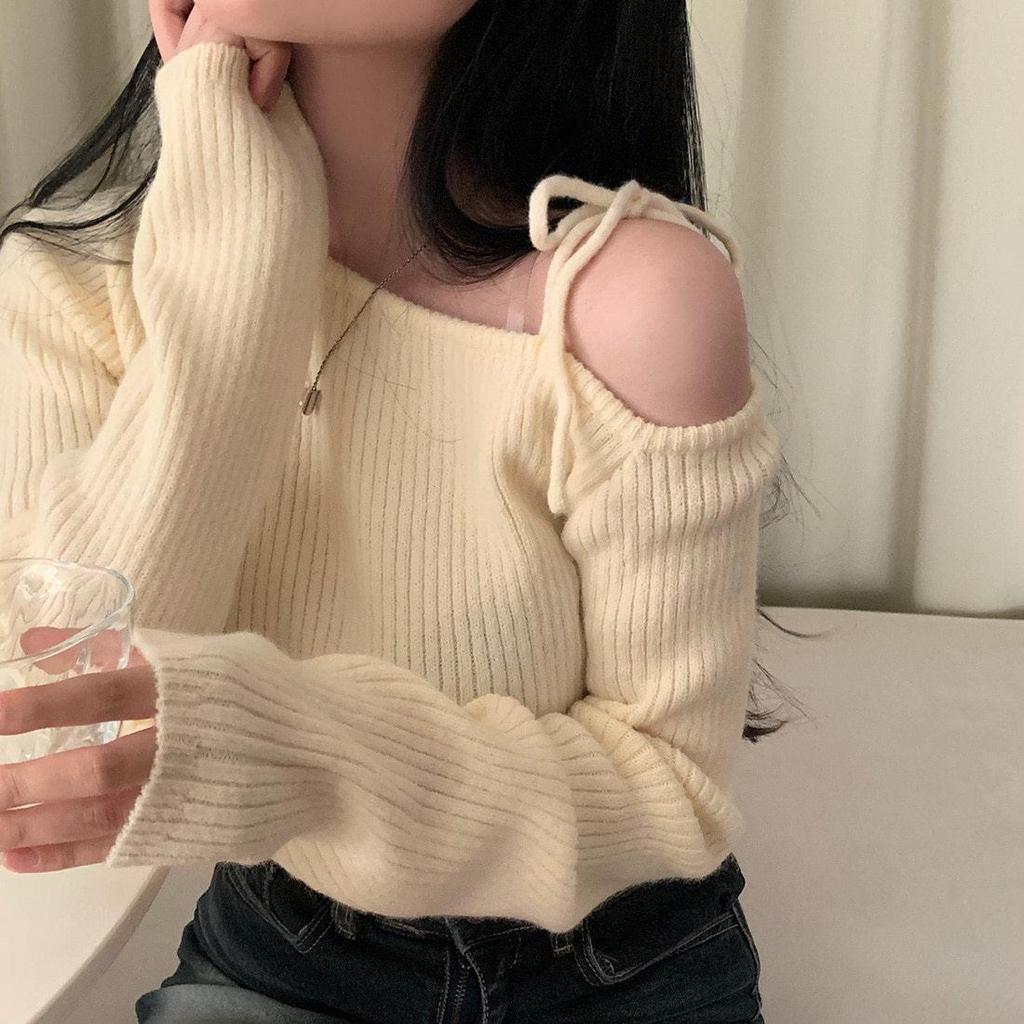 One-Shoulder Lace-Up Knit Sweater - Irregular Neck Slimming Long Sleeve for Women
