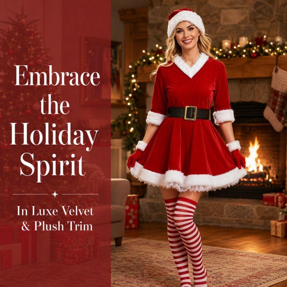 Christmas Tree Skirt Christmas Dress Red Red Cosplay Dress Socks Mrs. Claus Costume Set Women