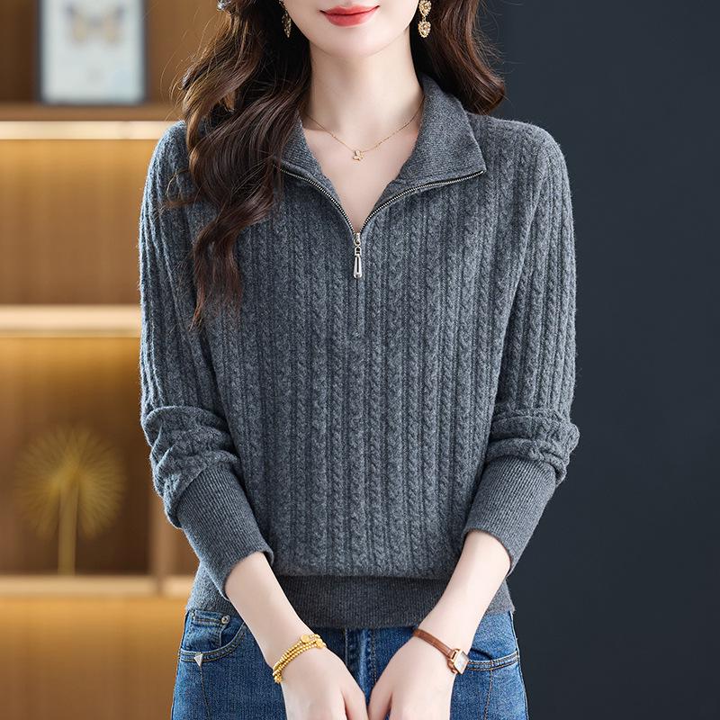 Women's Pure Wool Half-Zip Sweater - Stand Collar, Autumn/Winter Thick Knit for Middle-Aged Women, Petite Base Layer
