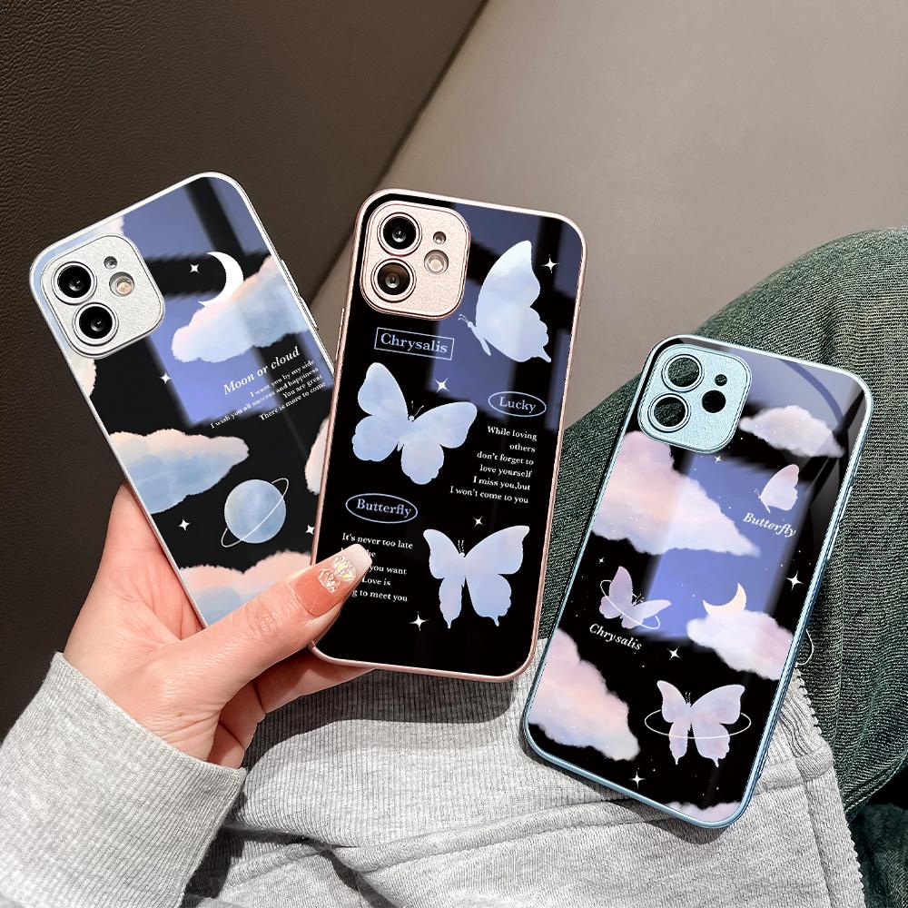 Cloud Butterfly Phone Case Metallic Lacquer Tempered Glass Shockproof Cover for Huawei Honor iPhone OPPO Realme OnePlus Xiaomi Redmi Samsung Vivo