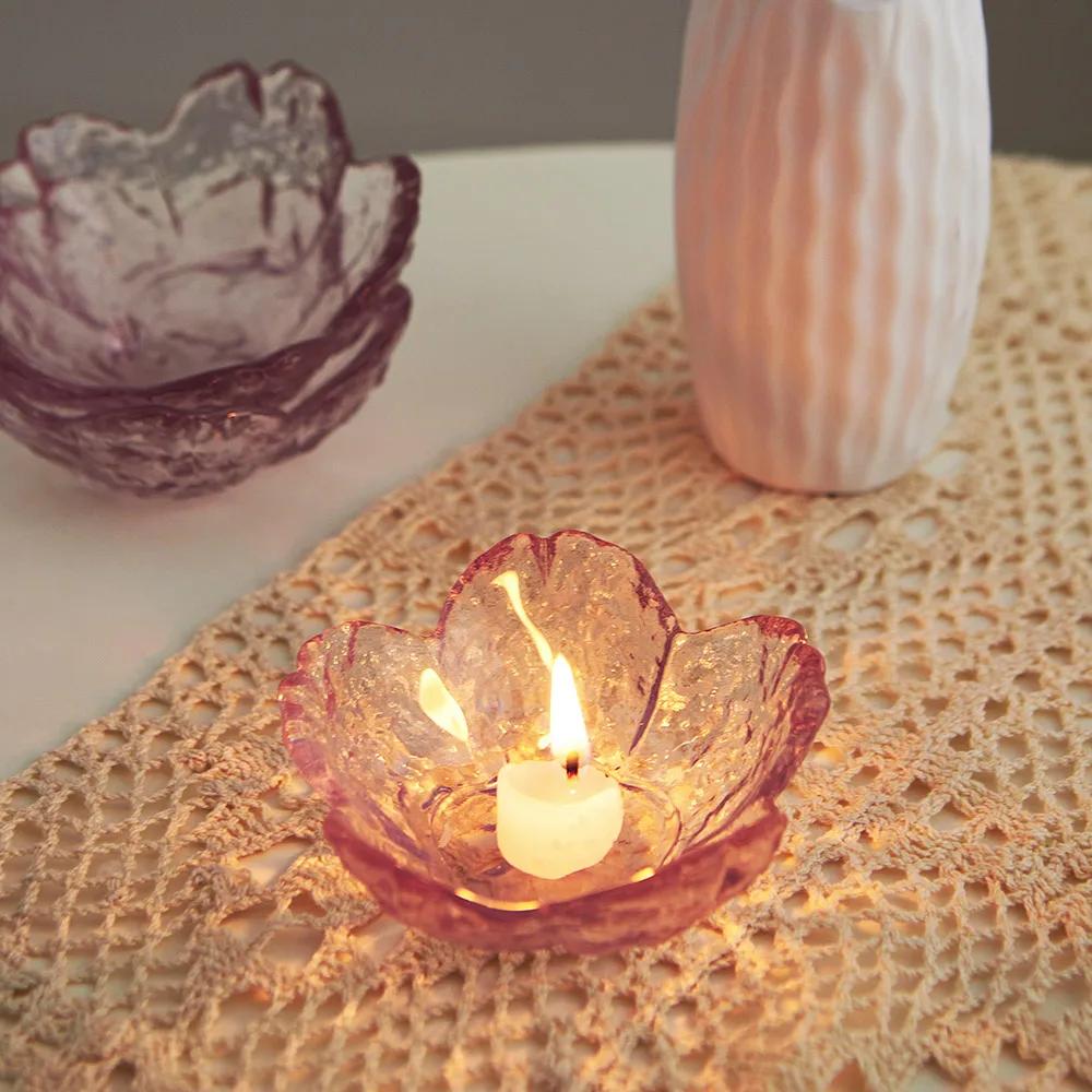 Modern Style Pink Flower Candle Holder Glass Candlestick Crafts Home Decoration Wedding Table Decor Crystal Candle Container