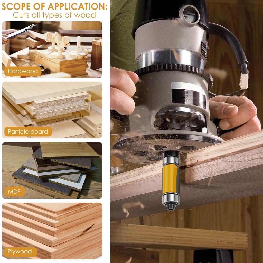 4 Pcs 1/4′′ 8mm Shank Flush Trim Router Bit Blade Template Pattern Bit Bearing 1/2Inch Straight End Mill for Woodworking Cutting