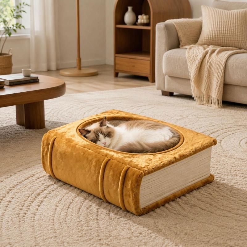 Dekoratives Katzenbett in Buchform mit ovaler Öffnung, integriertem Kissen, seitenähnlicher Oberfläche und warmem Stoff zum Ausruhen im Innenbereich