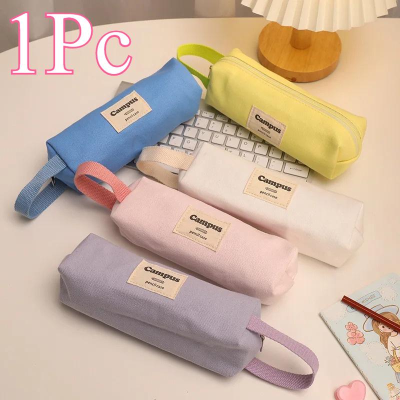 1Pc Solid Color Portable Canvas Pencil Case, 6 Colors To Choose, Large Capacity Stationery Organizer Bag for Gifts and Packaging