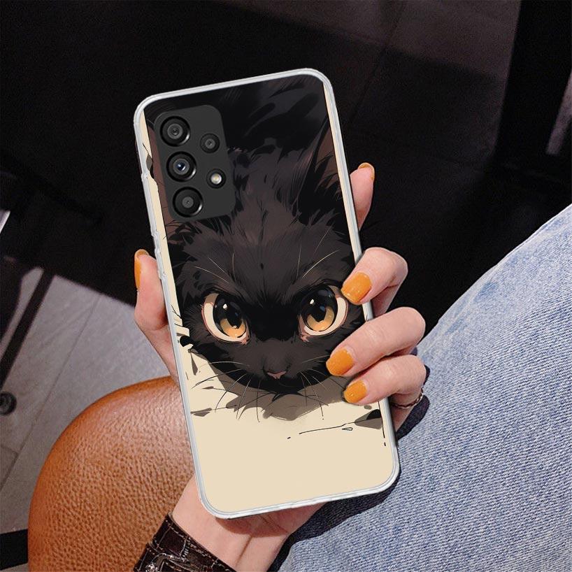 Anime Cute Black Cat Meow Phone Case For Samsung Galaxy A17 A16 A15 A14 A13 A57 A56 A55 A54 A53 A37 A36 A35 A34 A33 A26 A25 A24