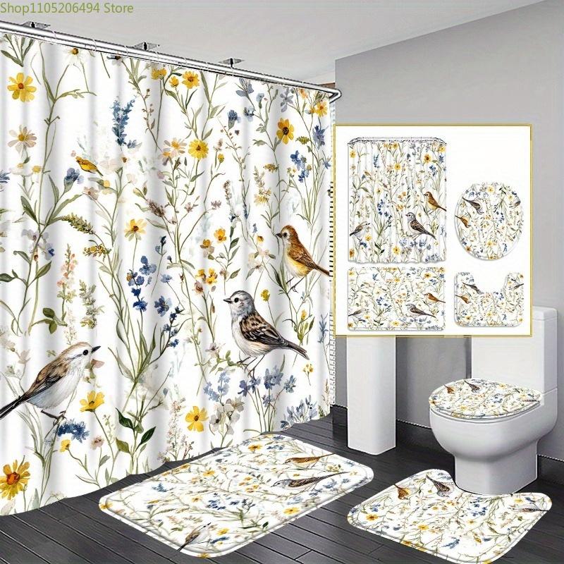 

1/3/4pcs Pastoral Floral Shower Curtain Set - Fresh White Background Multicolor Floral Print Bathroom Decor, Includes, U-Shape 4pcs-Set