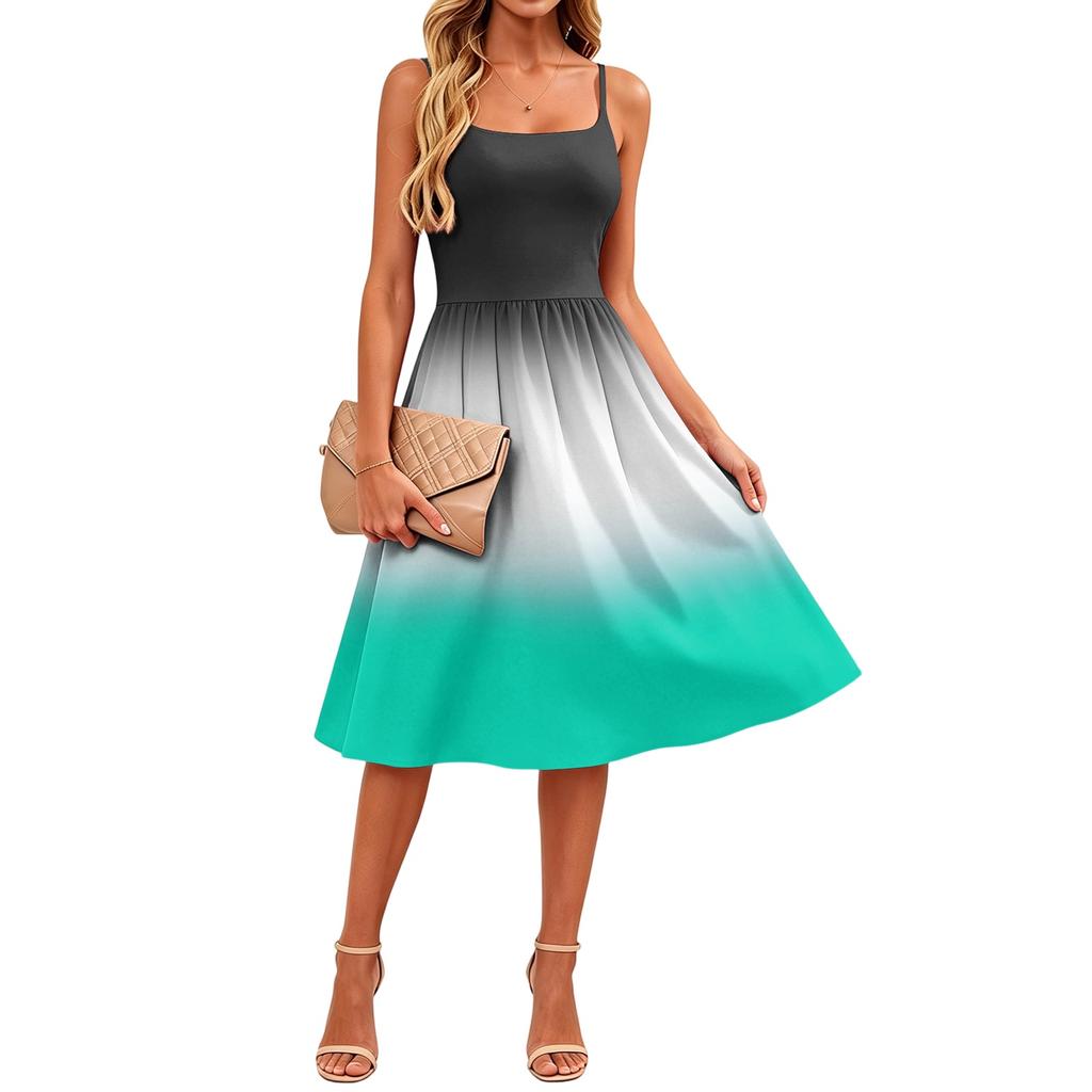 Women's Gradient Print Casual Sleeveless Dress Adjustable Straps Pockets Midi Length Summer Sundress