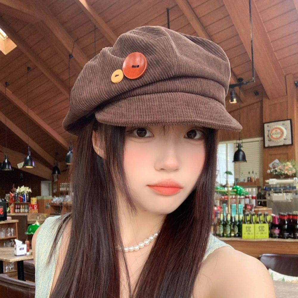 Double Button Corduroy Baseball Caps Japanese Brown Peaked Caps Octagonal Hat Keep Warm Beret Autumn Winter Painter Artist Hat
