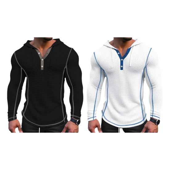 Pánská vafle jednobarevná bavlna mikina s kapucí prodyšný stylový slim fit zapínání na knoflíky pohodlné ležérní pánský svetr s dlouhým rukávem