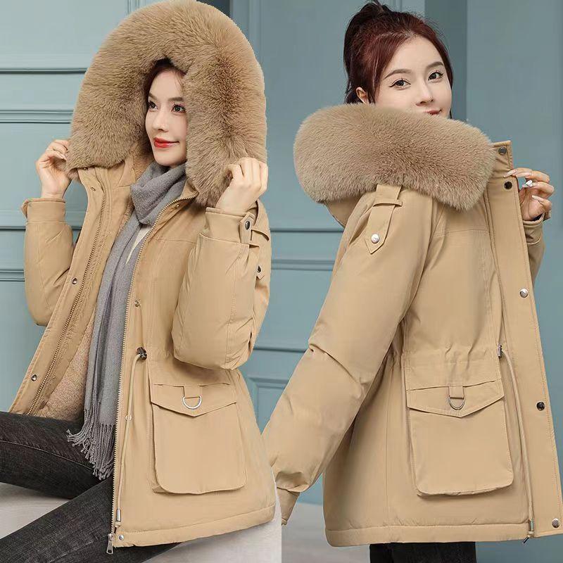 Parka Women's New Winter Hooded Large Fur Collar Down Jacket Women's Short Style Plus Velvet Thickened Loose Slim