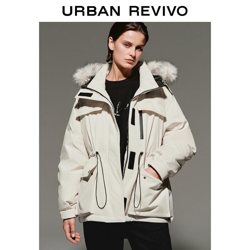 UR Women s Hooded Drawstring Down Jacket with Fur Collar M