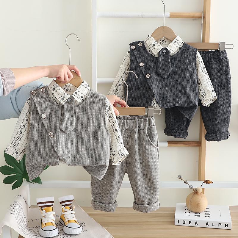 0-5-year-old boy's tie long sleeved set, Autumn children's stylish vest shirt, Casual pants three piece set