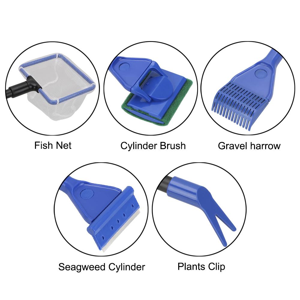 5 In 1 Adjustable Aquarium Tank Clean Set Aquarium Cleaning Tools Aquarium Cleaner Fish Net Gravel Rake Algae Scraper Fork Sponge Brush