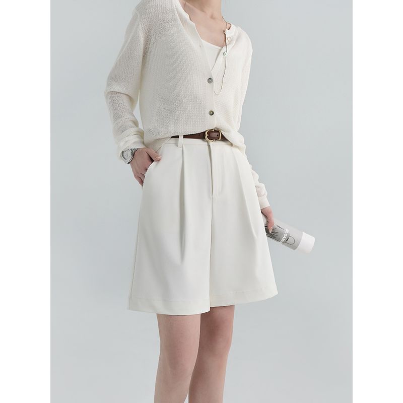 

White Suit Shorts Women High Waist A Word Summer Thin Loose Casual Straight High-Grade Wide Leg Pants White S