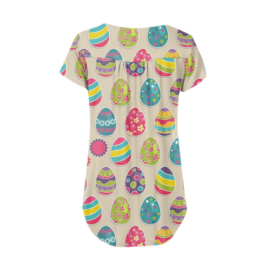 Women's Short Sleeve V Neck  Easter Day Print  Print Button T-Shirt Top