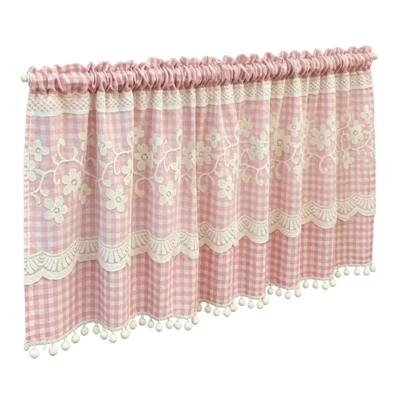 Kitchen Short Curtain Panel with Rod Pocket, Light Filtering Polyester and Gingham Trim for Bath and Cabinet Use