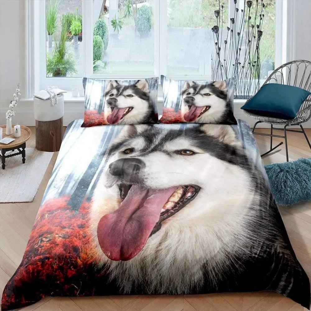 Cute Husky Puppy Bedding Set Polyester Flower Jungle Print Duvet Cover Double Queen King Size