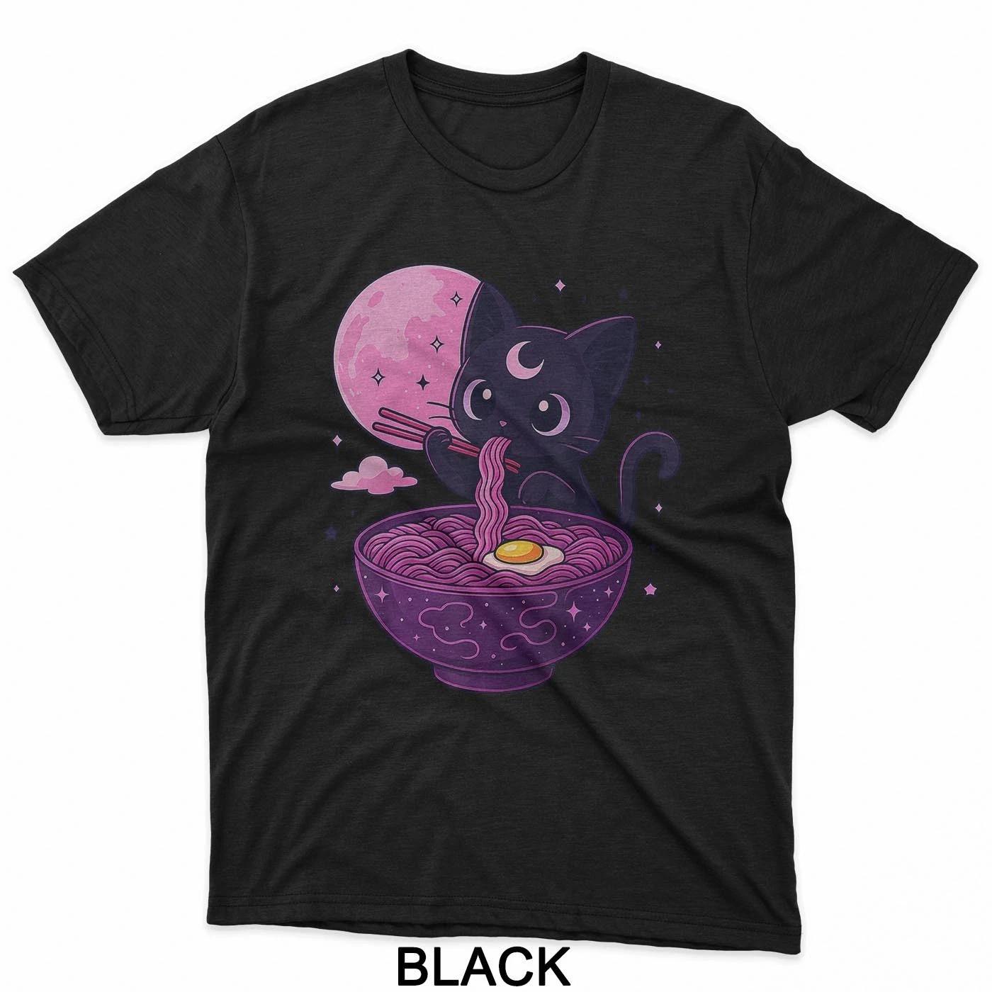 Kawaii Pastel Goth Cat Eating Ramen Under Moon Japanese T-Shirt M