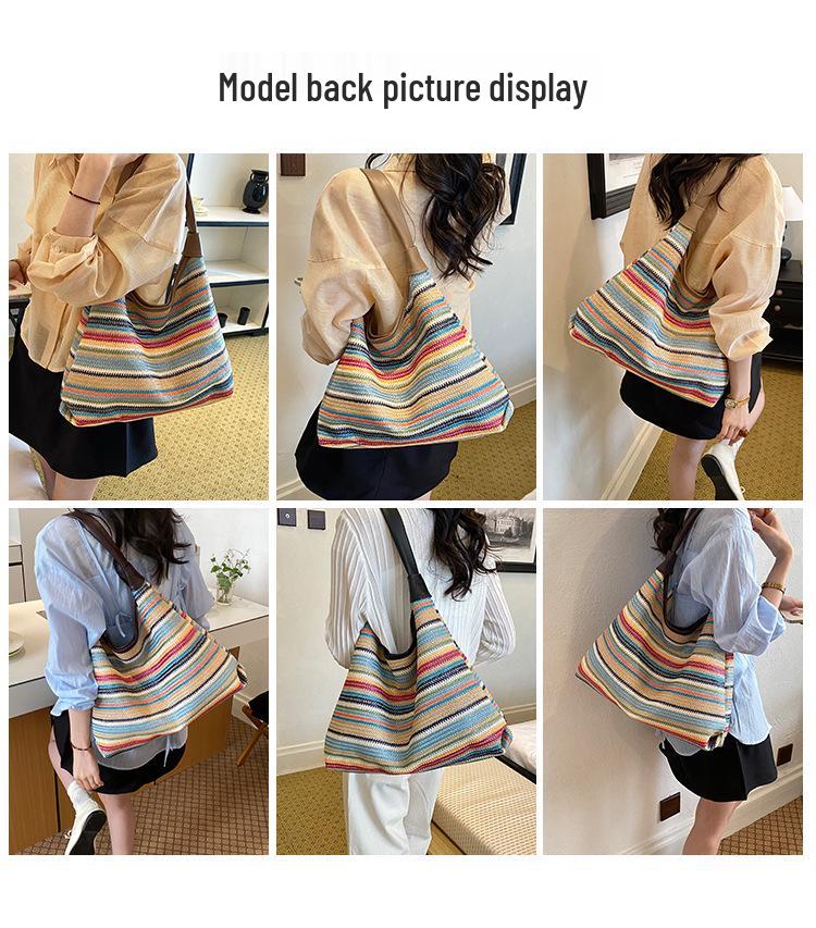 Striped Straw Woven Tote: Women's Large Capacity Shoulder Bag for Beach Vacation 2025 Fashion.