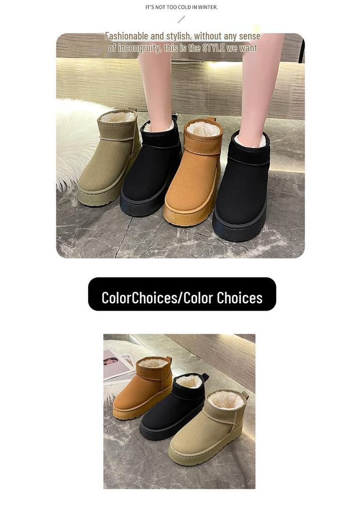 Women's 2025 Black Snow Boots - New Style, Thick Platform Sole, Solid Color, Ankle Length, Fleece-Lined Cotton for Warmth